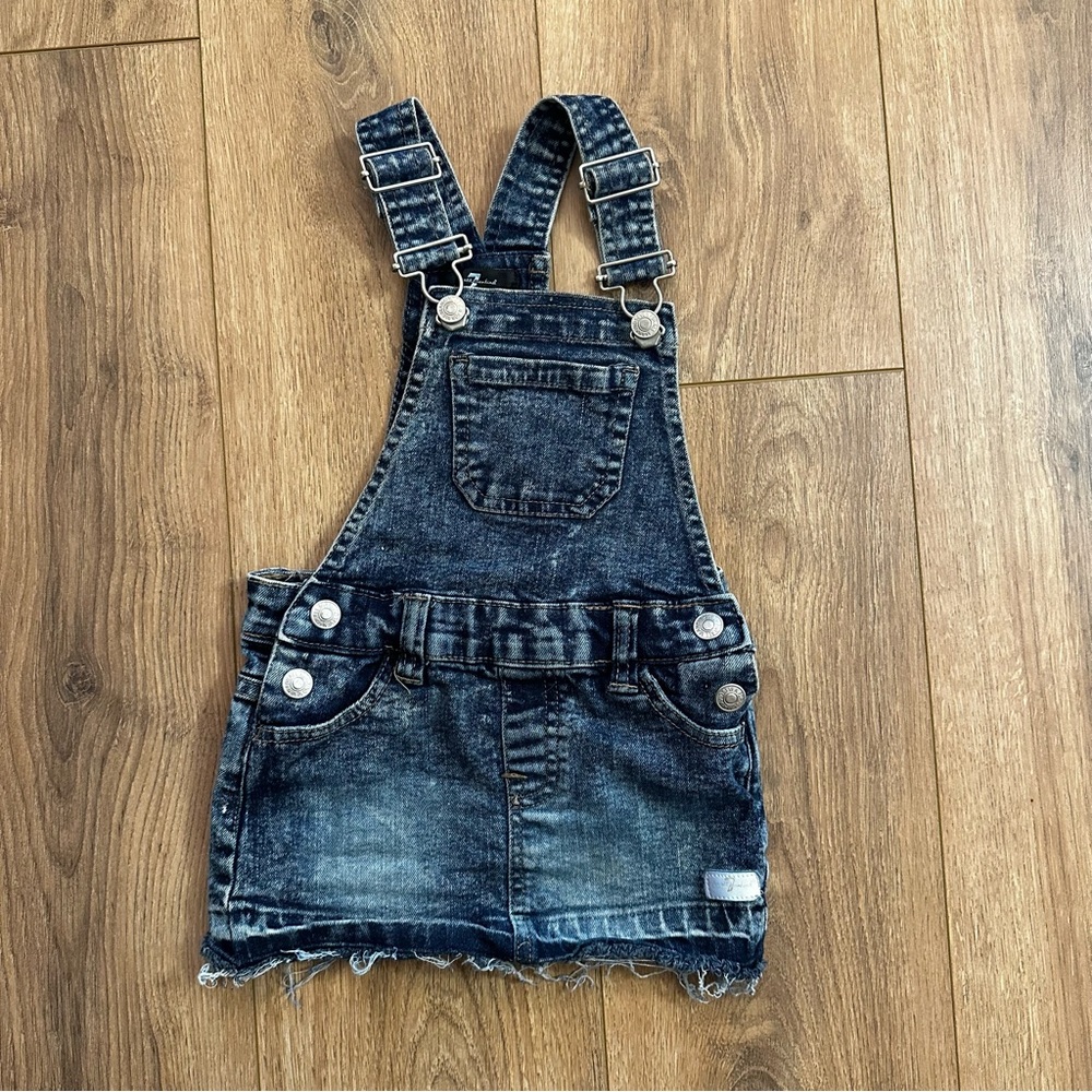 💥7 For All Mankind Denim Baby Girl Overalls skirt sz 12M frayed medium dark wash